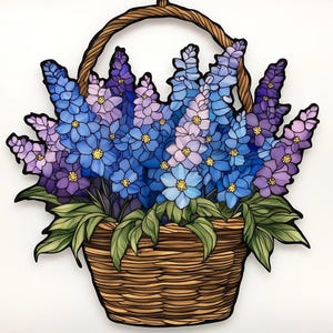July Birth Flower Delphinium Suncatcher, Acrylic Suncatcher, Wicker Basket with Blue & Purple Blooms, Midsummer Window Decor