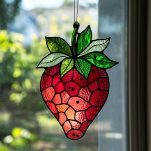 Strawberry acrylic suncatcher, vibrant window decor, fruit-inspired home ornament, handmade gift for kitchen or garden lovers