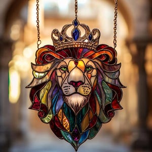 Accrochage de fenêtre attrape-soleil en acrylique Le roi Lion royal - cadeau décoratif en vitrail couronné pour les amoureux du zodiaque Lion ou de la reine royale, cadeau de fête des pères