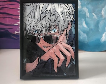 Pintura sobre vidrio de Gojo – Arte anime hecho a mano – Jujutsu Kaisen – Decoración con marco de vidrio – Regalo único para fans del anime