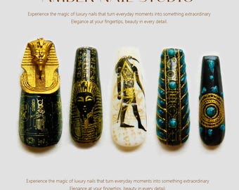 Pharaoh Noir Press On Nails, Egyptian Long Coffin Style, Handmade Luxury False Nails