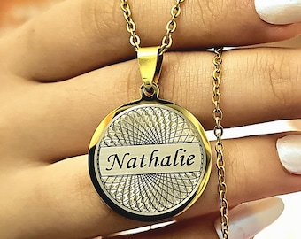 Personalized Name Necklace, Custom Name Necklace,Name Necklace,Name Necklace for Couples,  Steel Name Necklace, Gold Color, Round Pendant