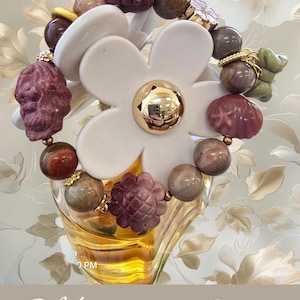 ALASHAN AGATE Bracelet with Beautiful Mermaid Alashan, Sea creatures Alashan, Bow tie Alashan and 10mm Colorful Alashan beads