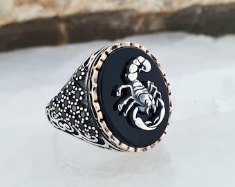 Handcrafted Black Onyx Scorpion Ring: Sterling Silver Zodiac Unisex Jewelry