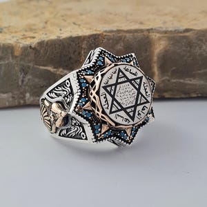 Handcrafted 925 Sterling Silver Islamic Ring, Seal of Solomon Design, Unique Artisan Craft, Special Design Men&#39;s Ring,With Turquoise Stones