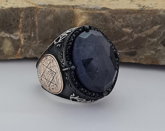 Handcrafted Sapphire Stone Sterling Silver Ring - Seal of Solomon