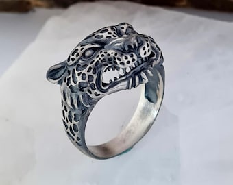 Handmade Sterling Silver Jaguar Head Ring: Unisex Big Cat Panther Jewelry