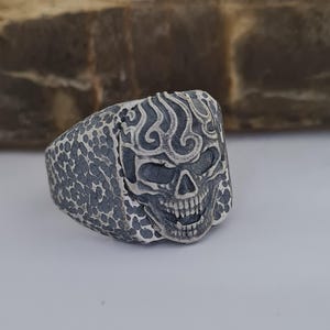 Handcrafted Sterling Silver Flaming Skull Ring: Gothic Biker Jewelry