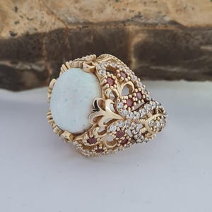 Handcrafted Turkish Authentic Women's Ring with Opal Stone, adorned with red and white gemstones, a unique vintage-style jewelry piece