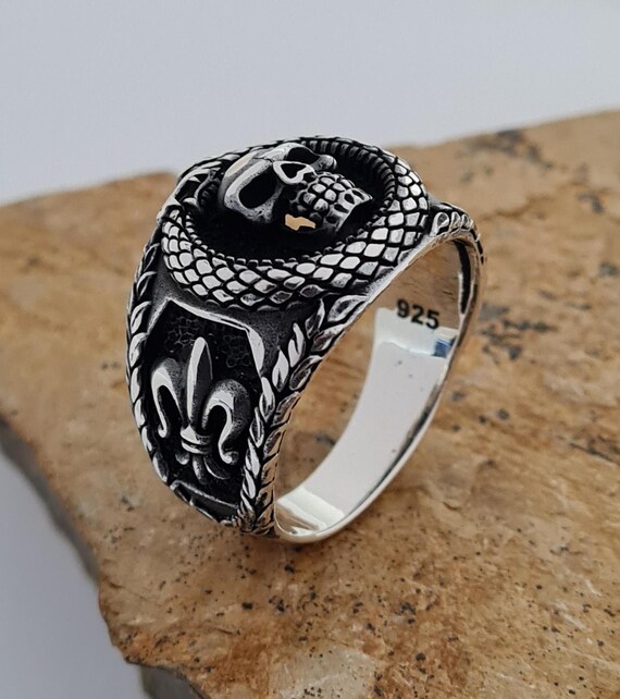 Oxidized Sterling Silver Skull Ring: Gothic Snake Design, Men's