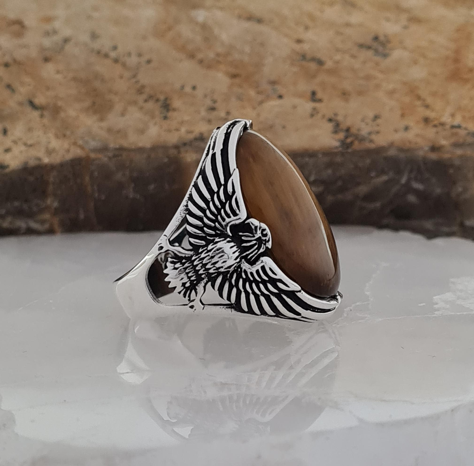 Handmade Sterling Silver Eagle Ring with Tiger's eye Stone: Men's Statement Jewelry