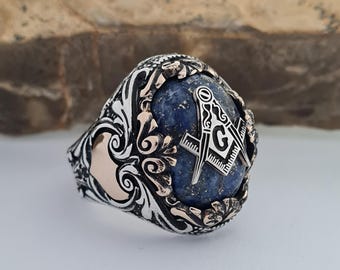 Sterling Silver Masonic Ring: Lapis Lazuli Freemason Compass Symbol