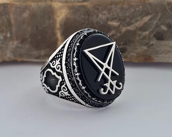 Handcrafted Black Onyx Ring: Sterling Silver Sigil of Lucifer, Gothic Jewelry