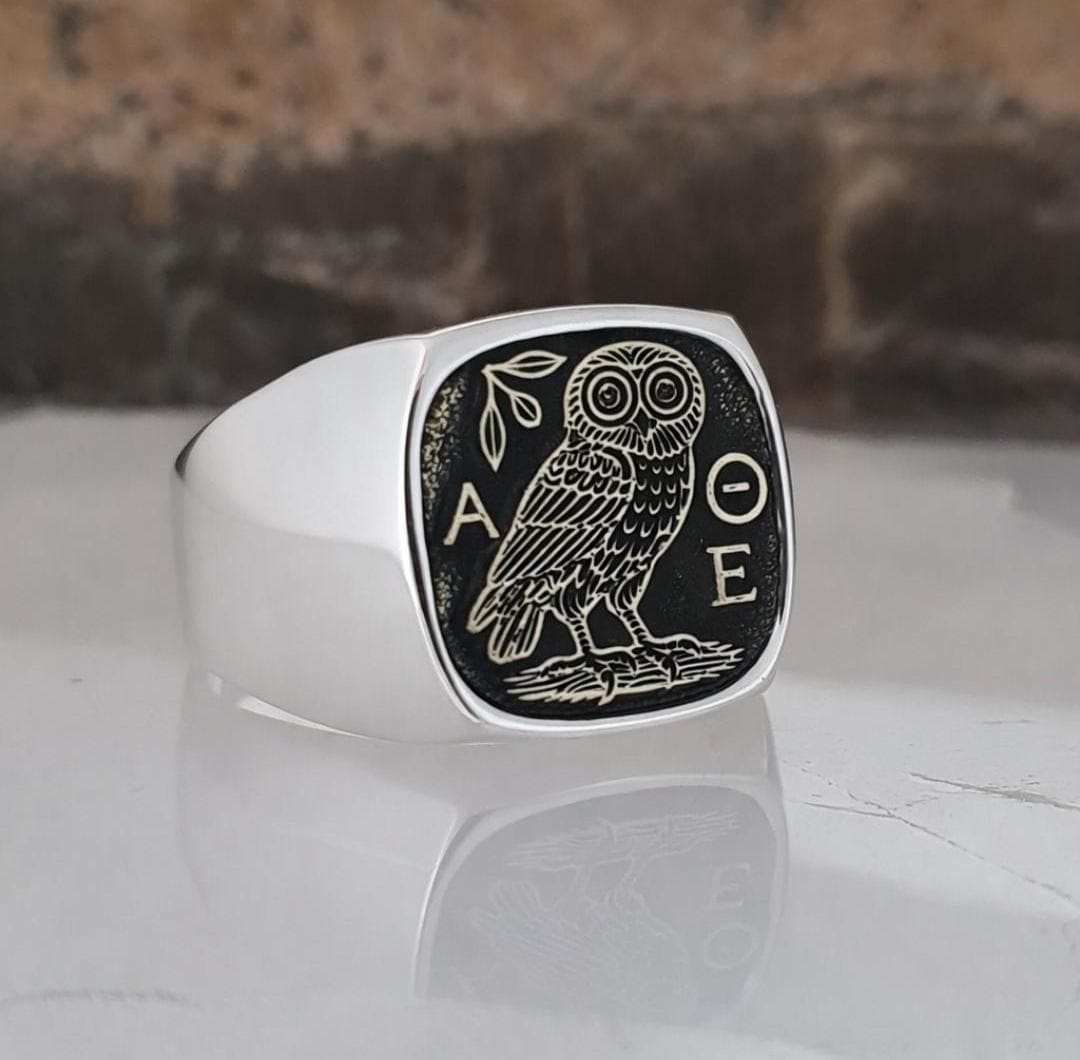 Sterling Silver Owl Signet Ring | Bronze Accents, Greek Symbol Jewelry