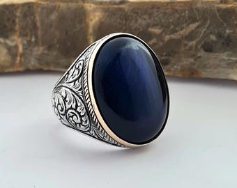 Blue Tiger's Eye Men's Ring: Handcrafted 925 Sterling Silver Vintage Jewelry