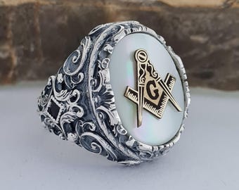 Handmade Sterling Silver Mother of Pearl Masonic Ring