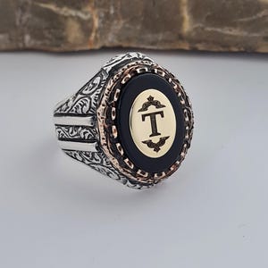 Anillo de letra personalizado, sello de plata esterlina 925 hecho a mano, joyería con monograma personalizado para hombres, elegante diseño de ónix negro, idea de regalo única