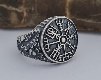 Handcrafted Sterling Silver Viking Vegvisir Ring: Norse Compass Jewelry