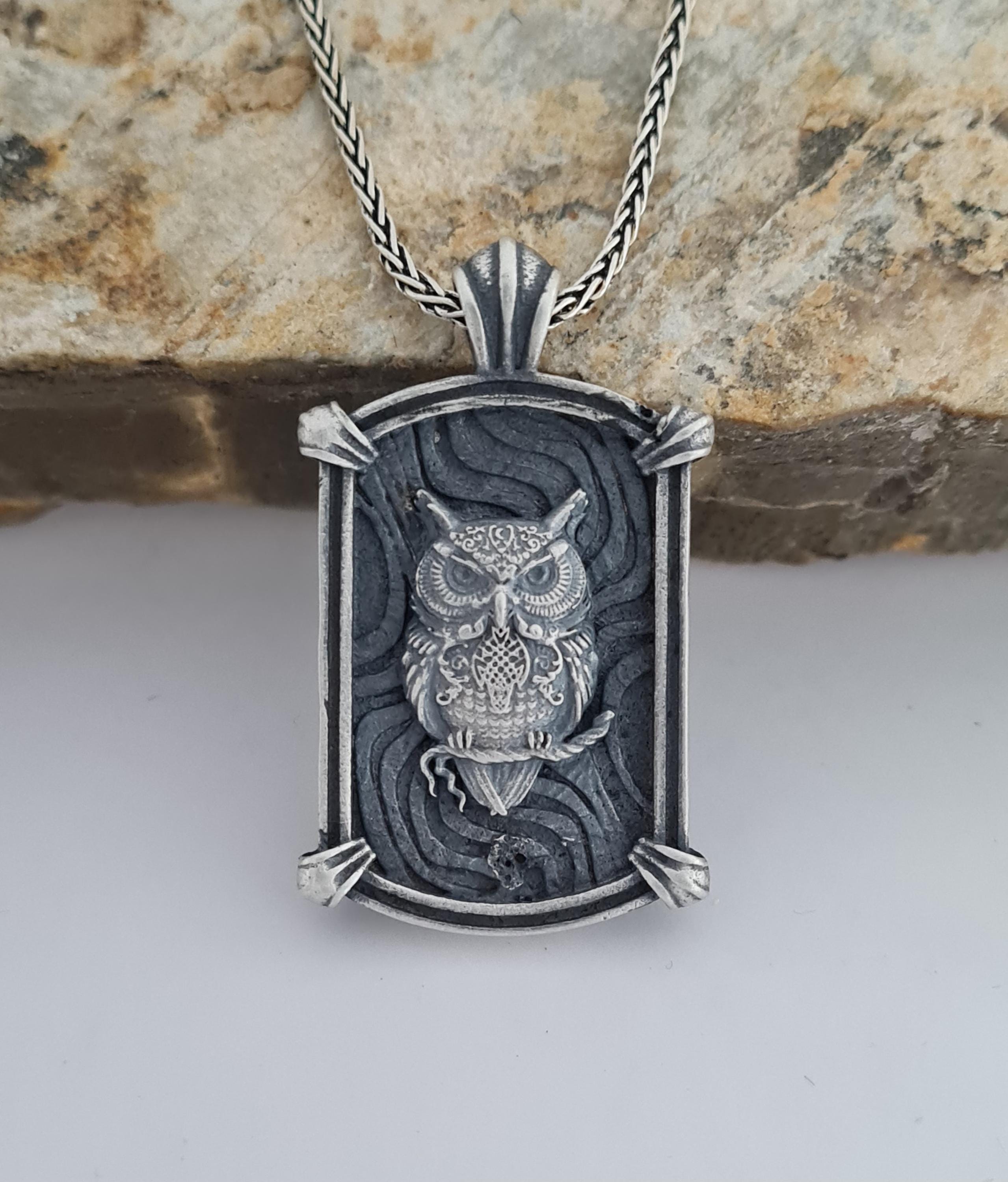 Handcrafted Sterling Silver Owl Pendant: Oxidized Antique Necklace