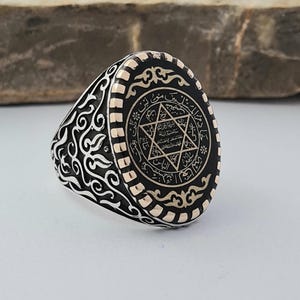 Handcrafted Islamic Ring with Seal of Solomon, Sterling Silver Men&#39;s Signet Ring, Talisman ring, Arabic calligraphy ring