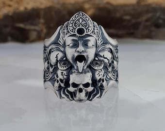 Oxidized Sterling Silver Kali Ring: Hindu Goddess Skull Jewelry