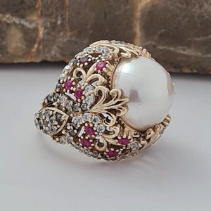 Authentic Pearl 925k Sterling Silver Ring, Ladies Handmade Ring, Ruby Freshwater Pearl Women Ring, Turkish Ottoman Jewelry