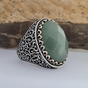 Natürlicher Aventurin Stein Herrenring - Handgemachter 925 Sterling Silber mit Bronze, Vintage Style Statement Geschenkring