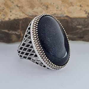 Handmade Blue Goldstone Silver Men&#39;s Ring – Ottoman Vintage Statement Ring, Sterling Silver Bohemian Jewelry,Unique Gift for Him, Large Ring
