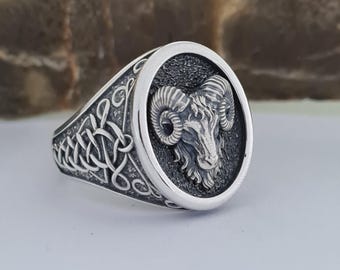 Handmade Sterling Silver Ram Head Ring: Unisex Boho Vintage Style