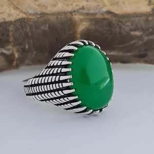 Handmade Sterling Silver Men&#39;s Ring: Green Jade Stone, Vintage Boho Jewelry