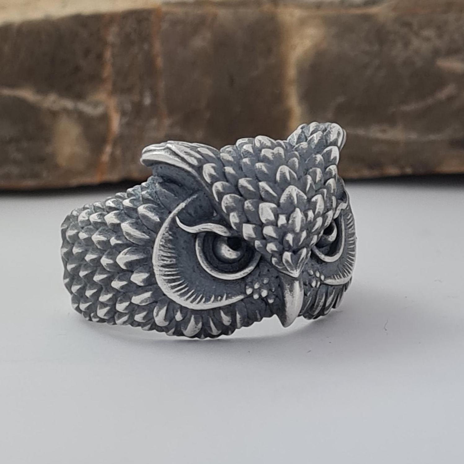 Handcrafted Owl Head Ring - Unique Sterling Silver Jewelry, Detailed Bird Design, Nature Inspired St