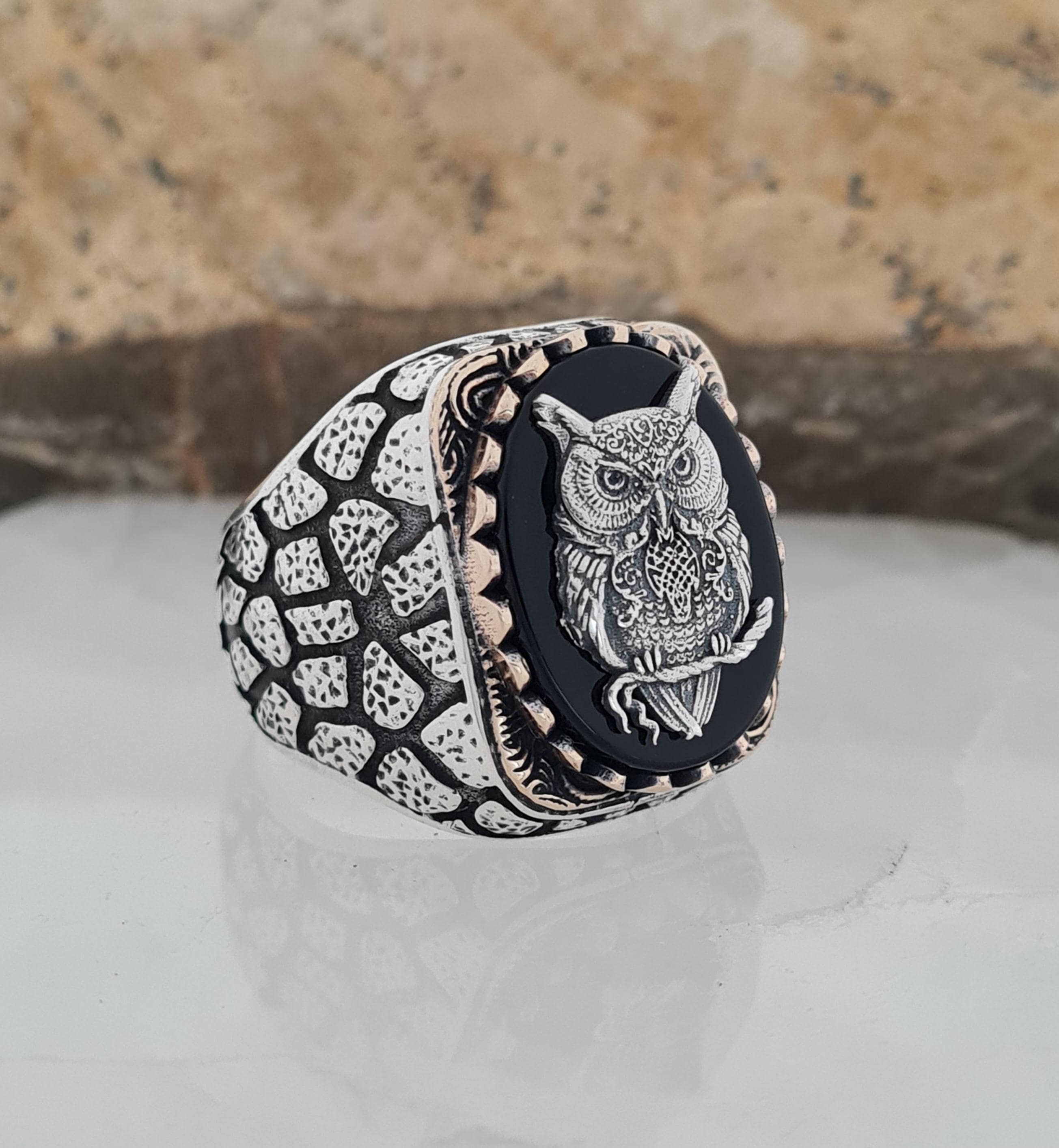 Handmade Sterling Silver Owl Ring: Black Onyx Wisdom Bird Jewelry