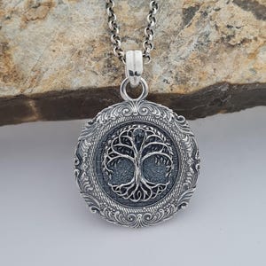 Handgefertigte Sterling Silber Baum des Lebens Anhänger - Oxidierte nordische Halskette
