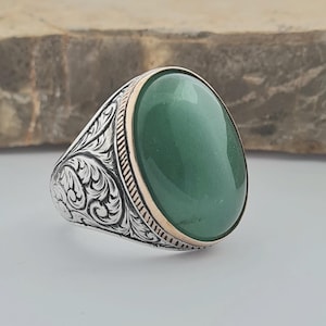 Herren natürlicher Aventurin Stein Ring, Herren Handgefertigter Silberring, Oval Edelstein Ring, Handgefertigter Aventurin Silberring, Sterling Silber Ring