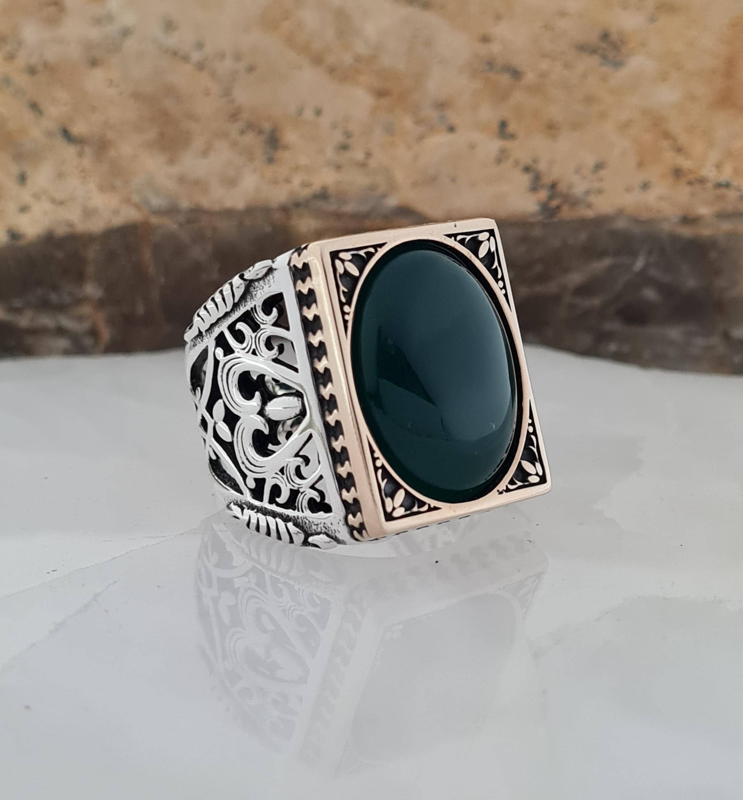 ハンドメイド スターリングシルバー グリーンアゲート シグネット