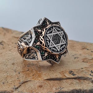 Handcrafted 925 Sterling Silver Islamic Ring, Seal of Solomon Design, Unique Artisan Craft, Special Design Men&#39;s Ring,With Green Stones