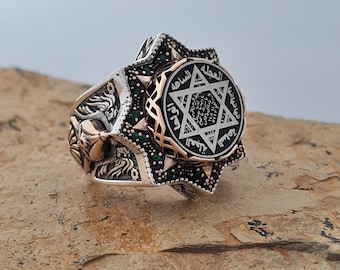 Handcrafted Sterling Silver Seal of Solomon Ring with Green Stones