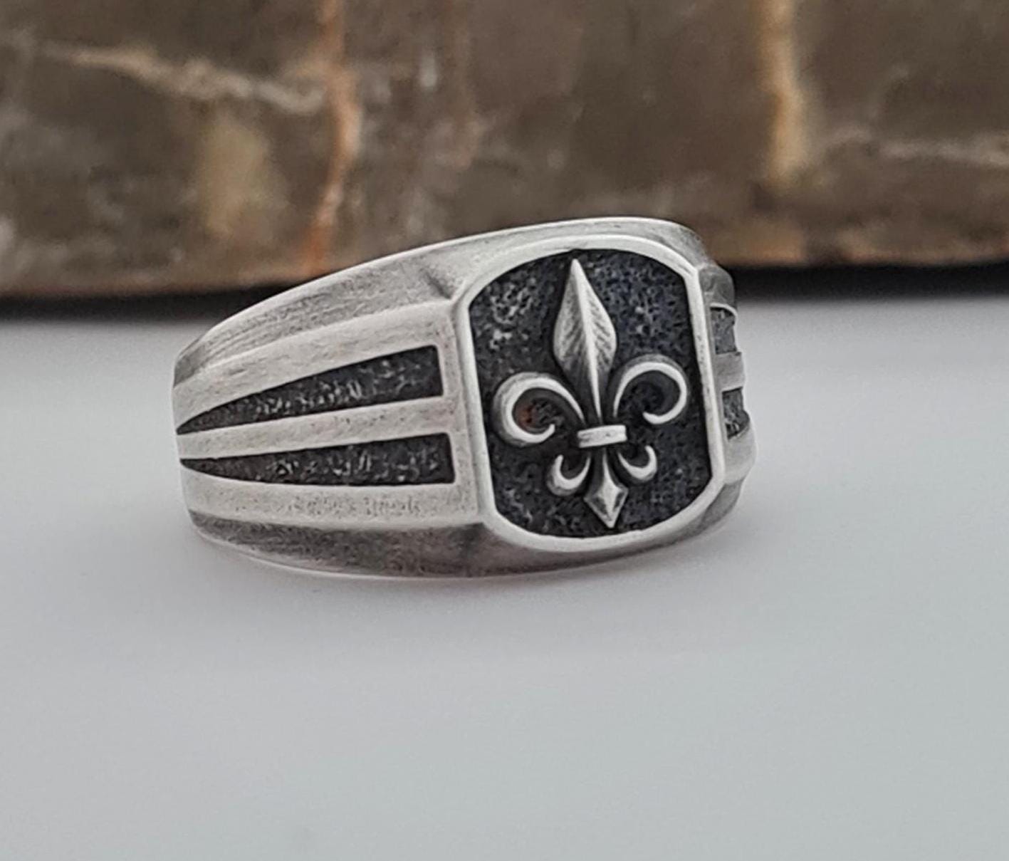 925 Sterling Silver Fleur De Lys With Black CZ Signet Heavy