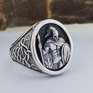 Handmade Sterling Silver Spartan Warrior Ring: Viking Knotwork Signet
