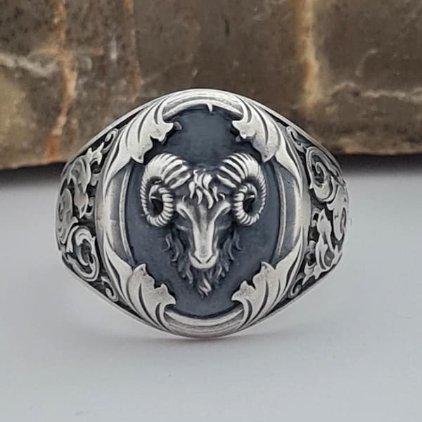 Handmade Sterling Silver Ram Head Ring: Vintage Boho Unisex Jewelry