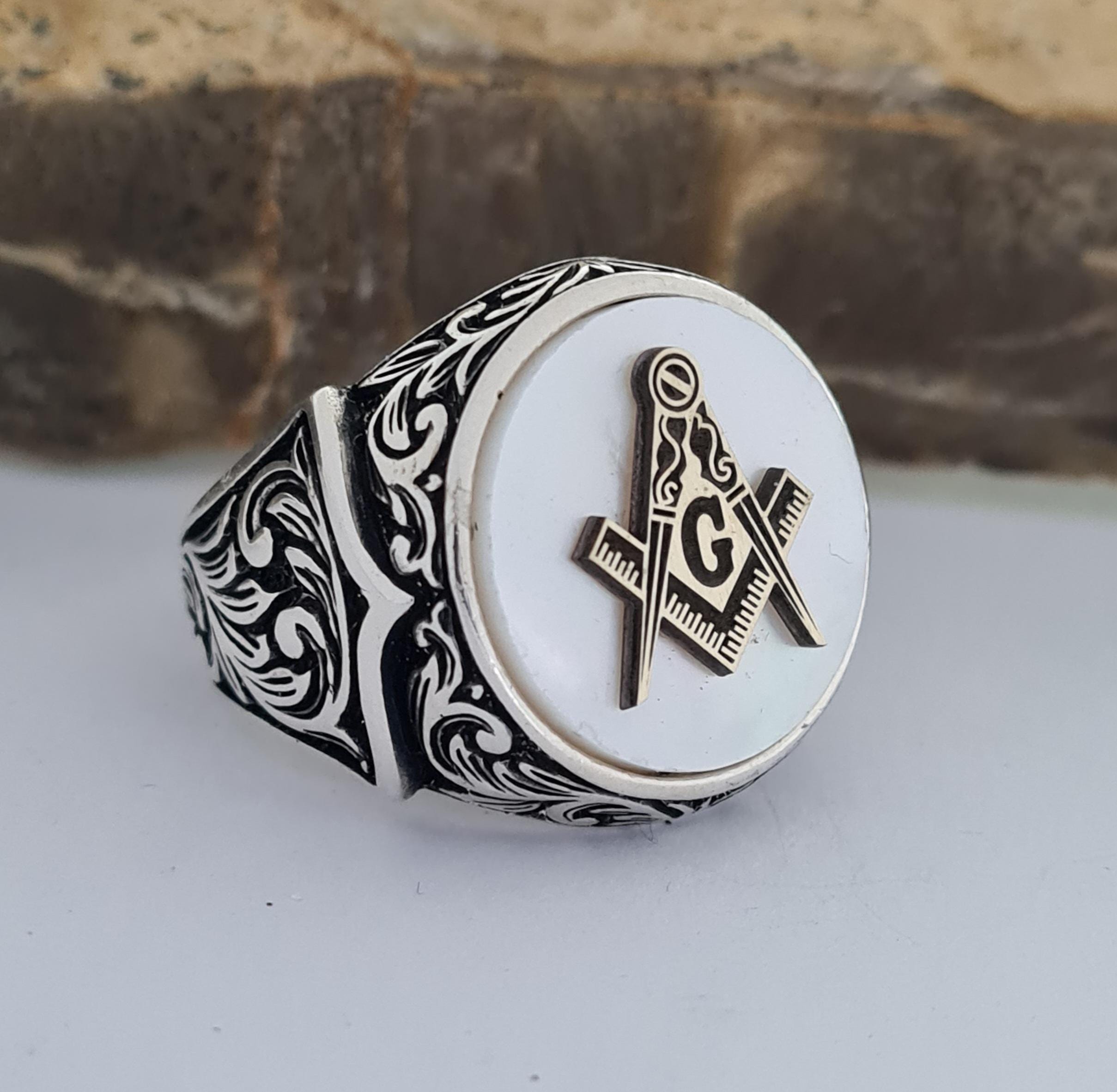 Handmade Sterling Silver Masonic Ring: Mother of Pearl Compass Square Design