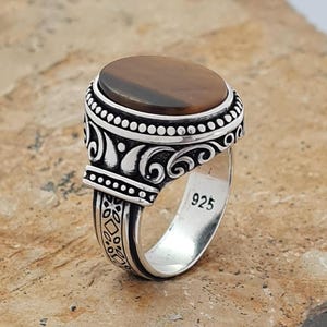Natural Tiger Eye Men Ring, Men Handmade Silver Ring , Oval Gemstone Ring , Ottoman Style Ring , 925k Sterling Silver Ring , Gift For Him