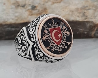 Türkische Flagge Siegelring Wolf - 925 Sterling Silber Bronze Detail Statement Ring