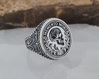 Anillo de calavera Memento Mori: Sello de plata esterlina grabado, Amor Fati