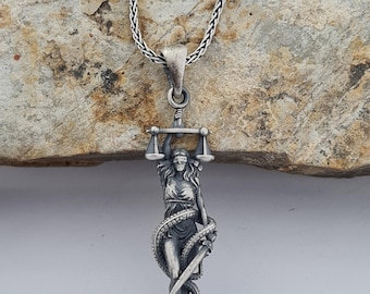 Handcrafted Lady Justice Necklace, 925 Sterling Silver, Oxidized Pendant Symbolizing Justice and Fairness, Unique Gift for Lawyer