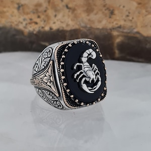 Handmade Sterling Silver Scorpio Ring with Black Onyx – Zodiac Sign Jewelry for Men – Engraved Astrological Statement Ring