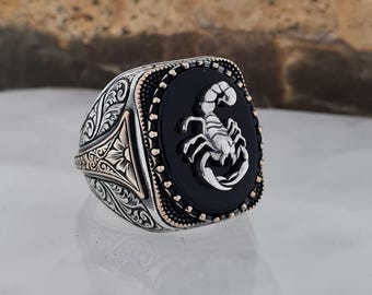 Handmade Sterling Silver Scorpio Ring: Black Onyx Zodiac Jewelry