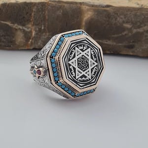 Handcrafted 925 Sterling Silver Islamic Ring, Seal of Solomon Design, Unique Artisan Craft, Special Design Men&#39;s Ring
