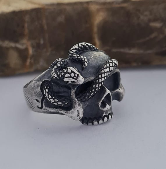 Handmade Sterling Silver Skull Ring: Snake Biker Jewelry