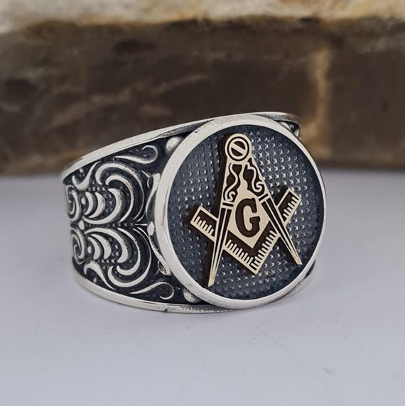 Handmade Sterling Silver Masonic Ring: Compass Square, Black